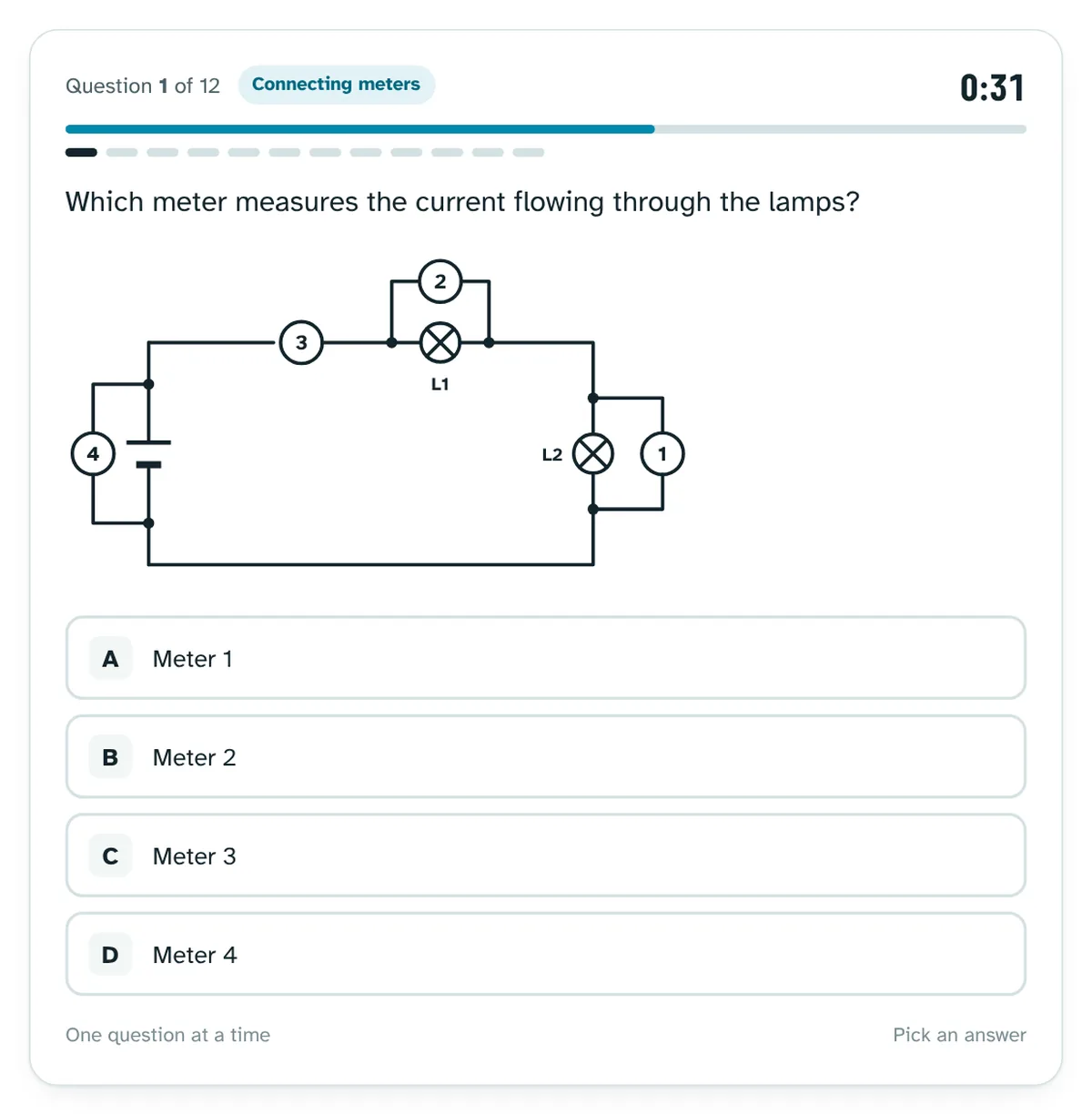 Timed drill E6-2 Test instruments: which meter measures the current through the lamps, with four options and the question clock at 0:31