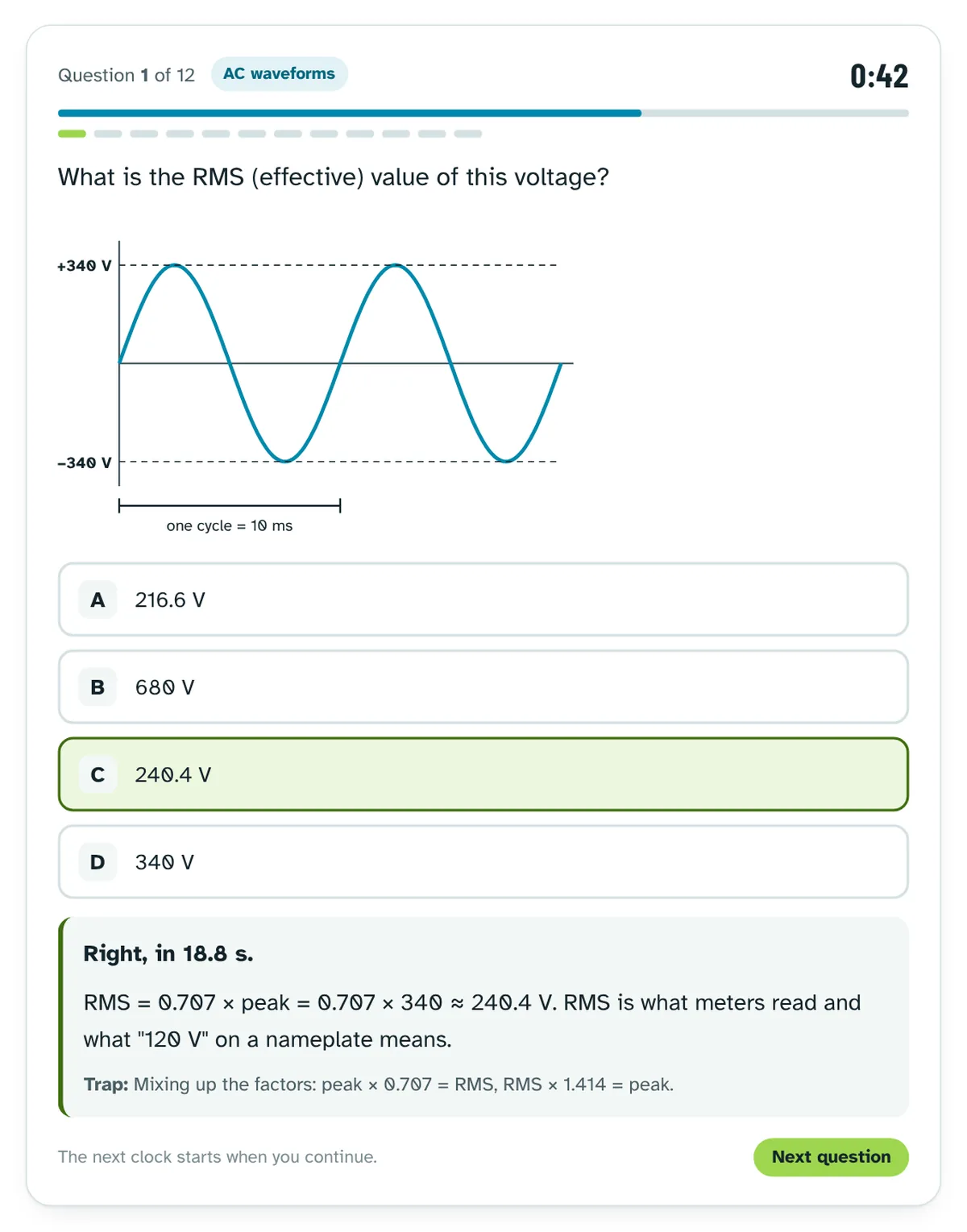 Drill E2-1 AC, transformers and three-phase: an RMS question answered right, with the explanation and the trap shown right after