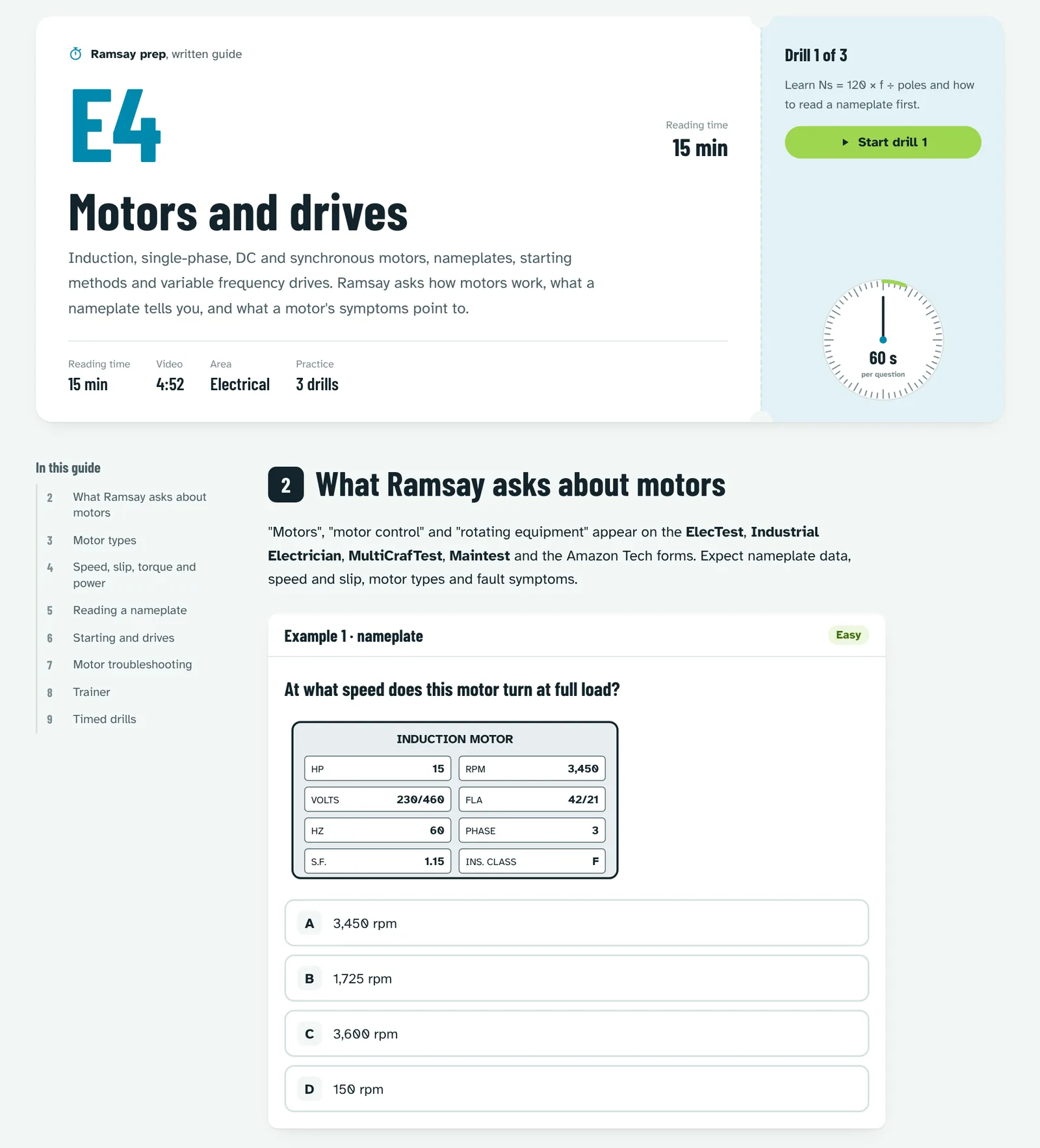 Lesson E4 Motors and drives: written guide with reading time, area and three drills, and a worked example on reading a motor nameplate
