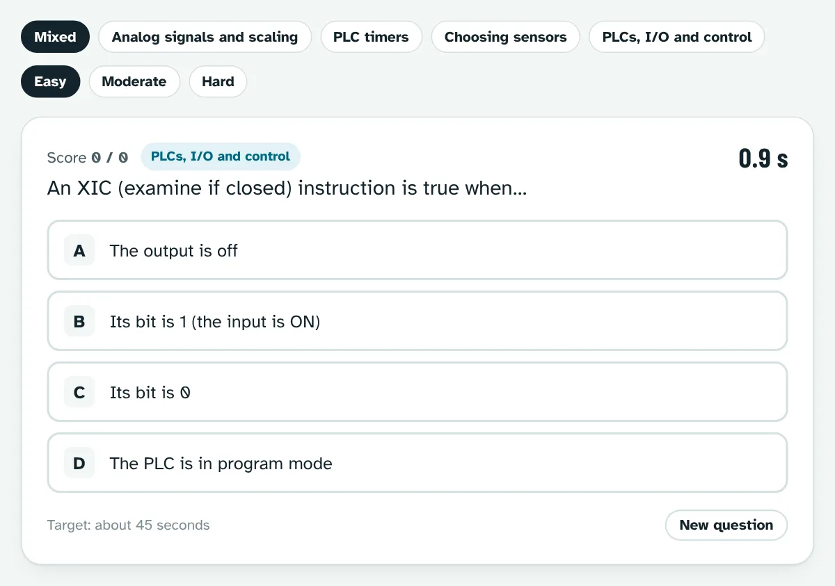 Endless trainer in lesson E8 PLCs and sensors: pick a question type and level, new questions without a clock limit