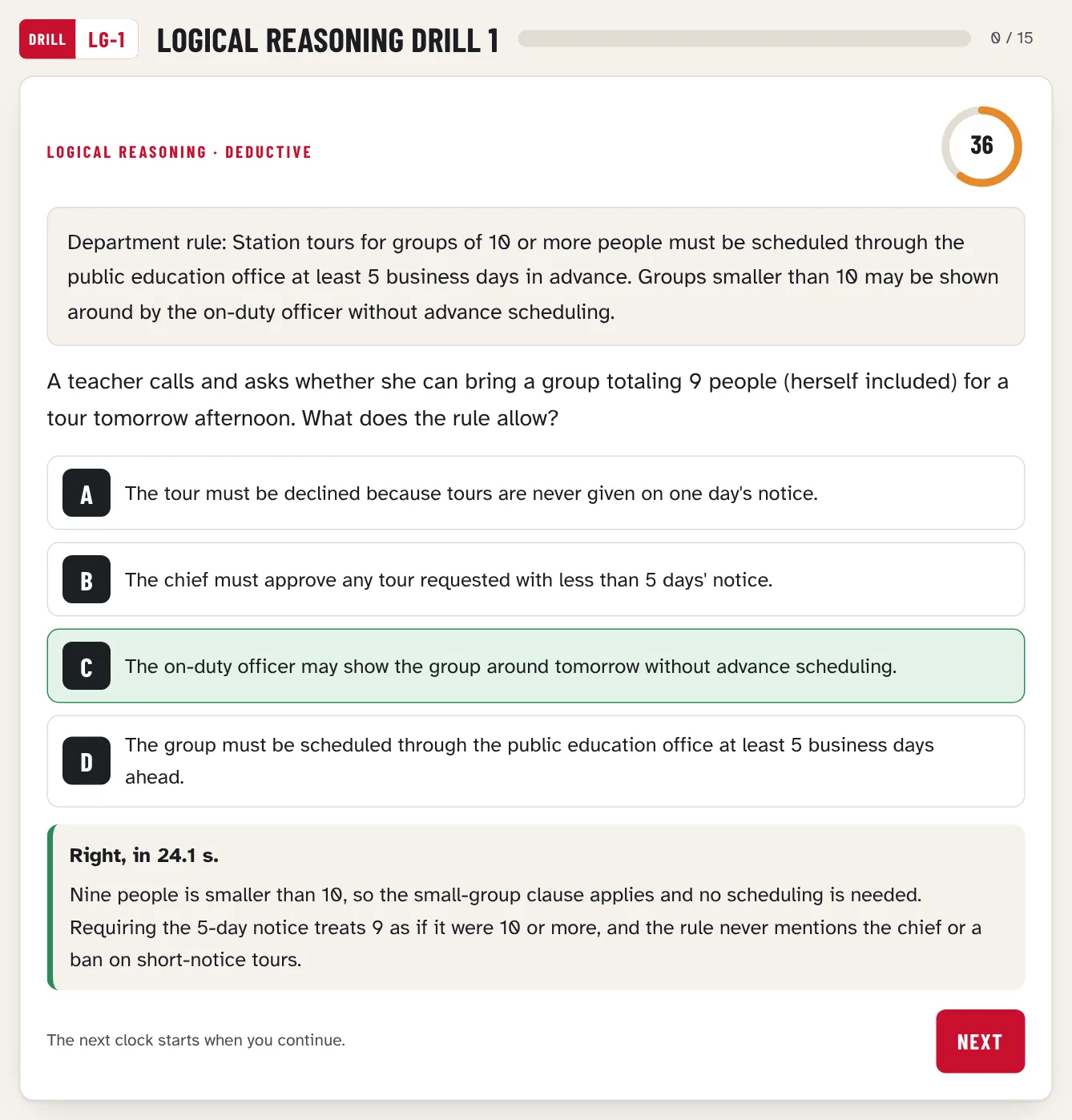 Logical reasoning drill LG-1: a department rule on station tours, the question, the right answer marked and the explanation