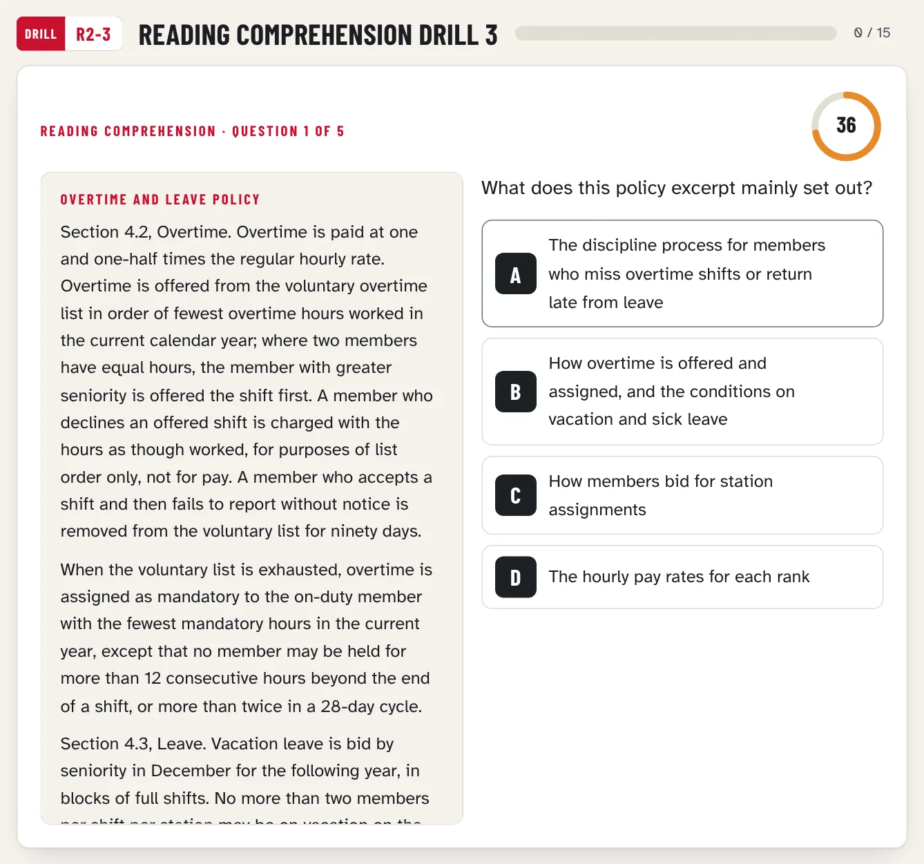 Reading comprehension drill R2-3: the passage Overtime and Leave Policy on the left, a four-option question on the right, the per-question clock running
