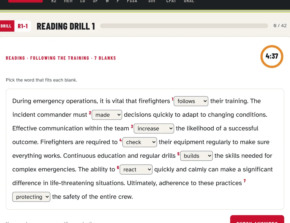 Cloze reading drill with drop-down blanks
