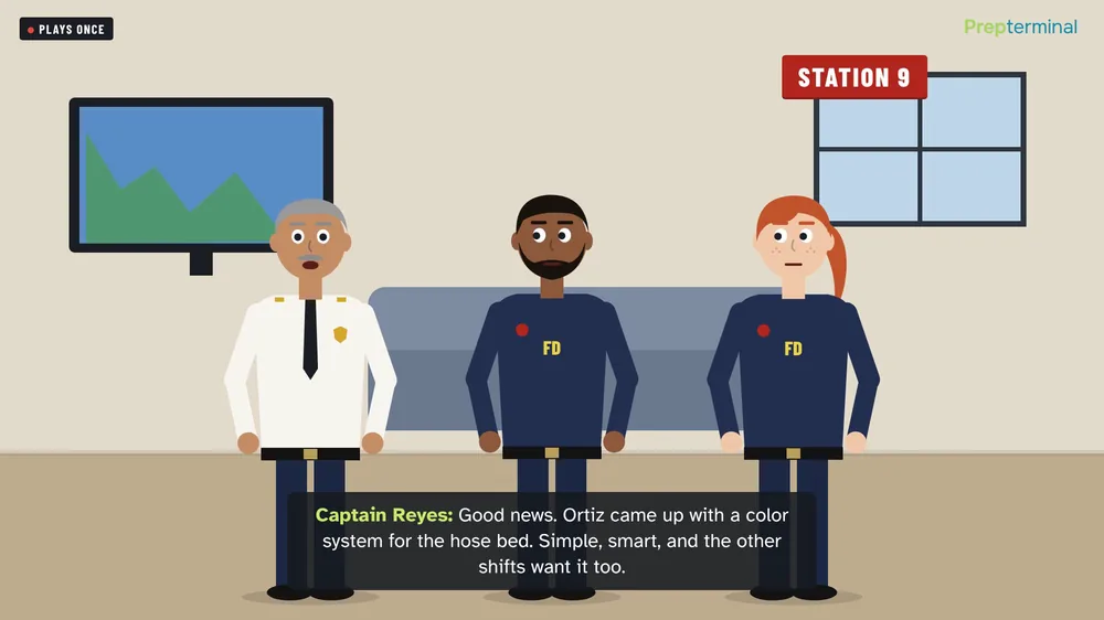 Animated scene from the course: Captain Reyes with Firefighters Ortiz and Walker at Station 9