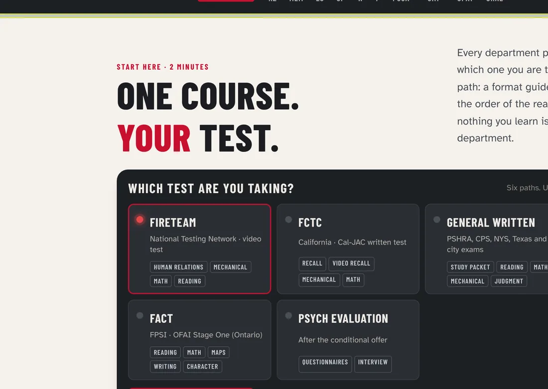 Course start page: Which test are you taking? Six test-path tiles