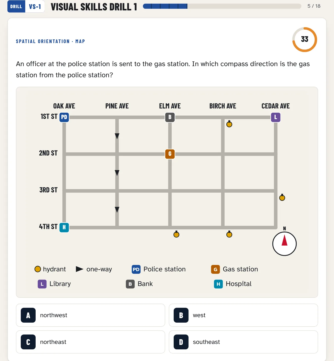Visual skills drill: a street map with a compass and a route question, the question clock running