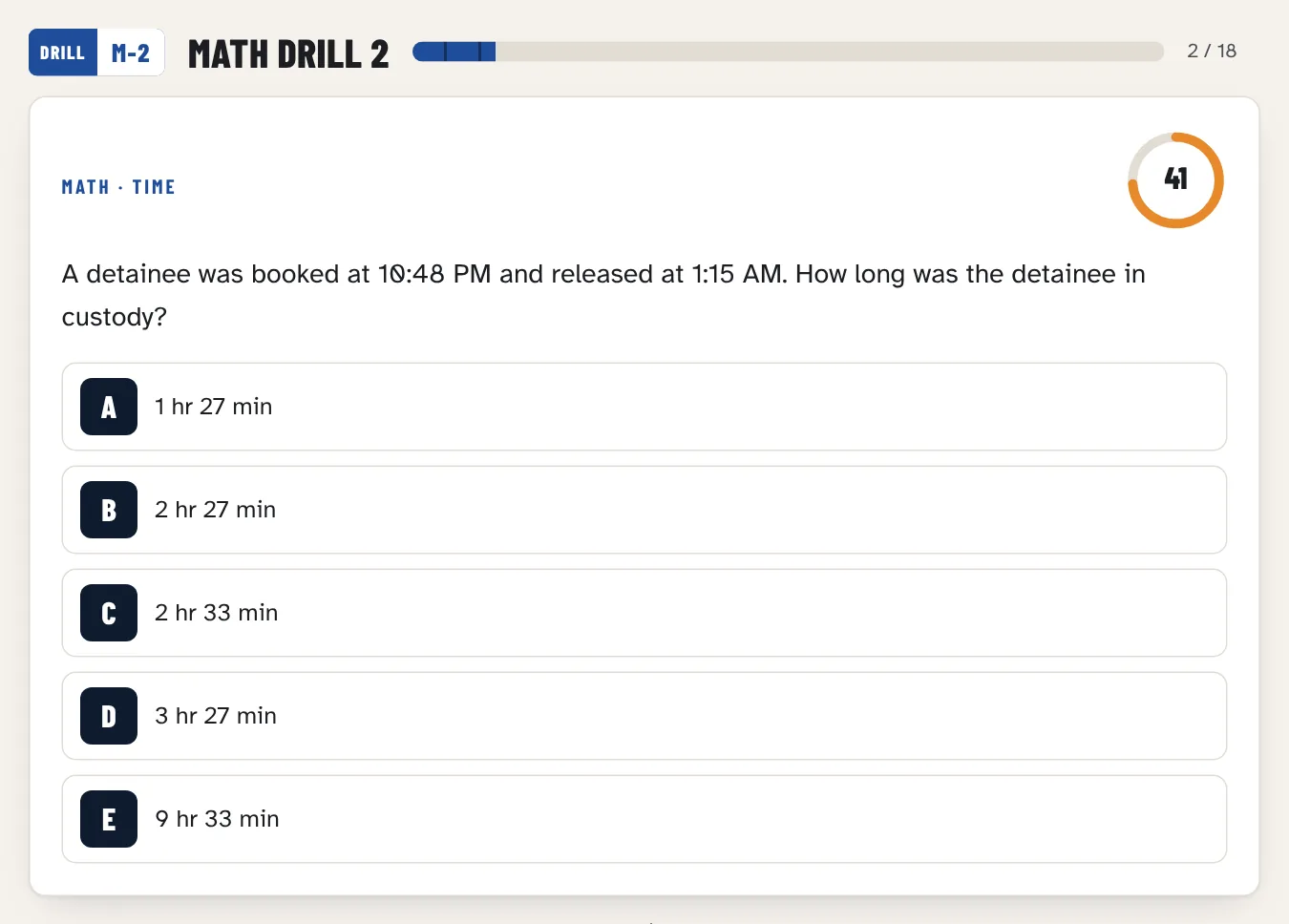 Math drill: a police word problem with five answer choices and the question clock running, no calculator