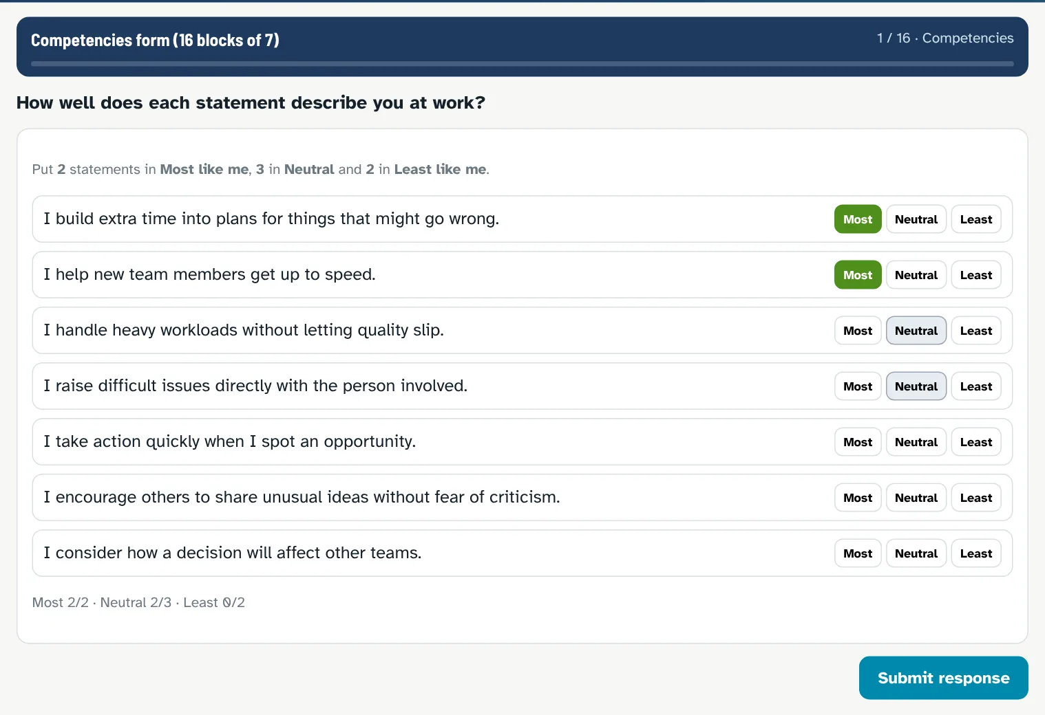 KF4D-style competencies form: sort seven statements into most like me, neutral and least like me