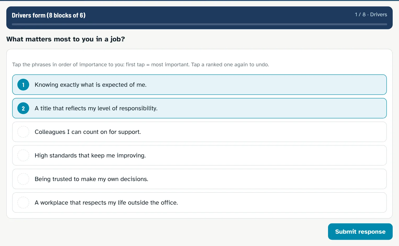KF4D-style drivers form in the course: rank six phrases about what matters to you in a job