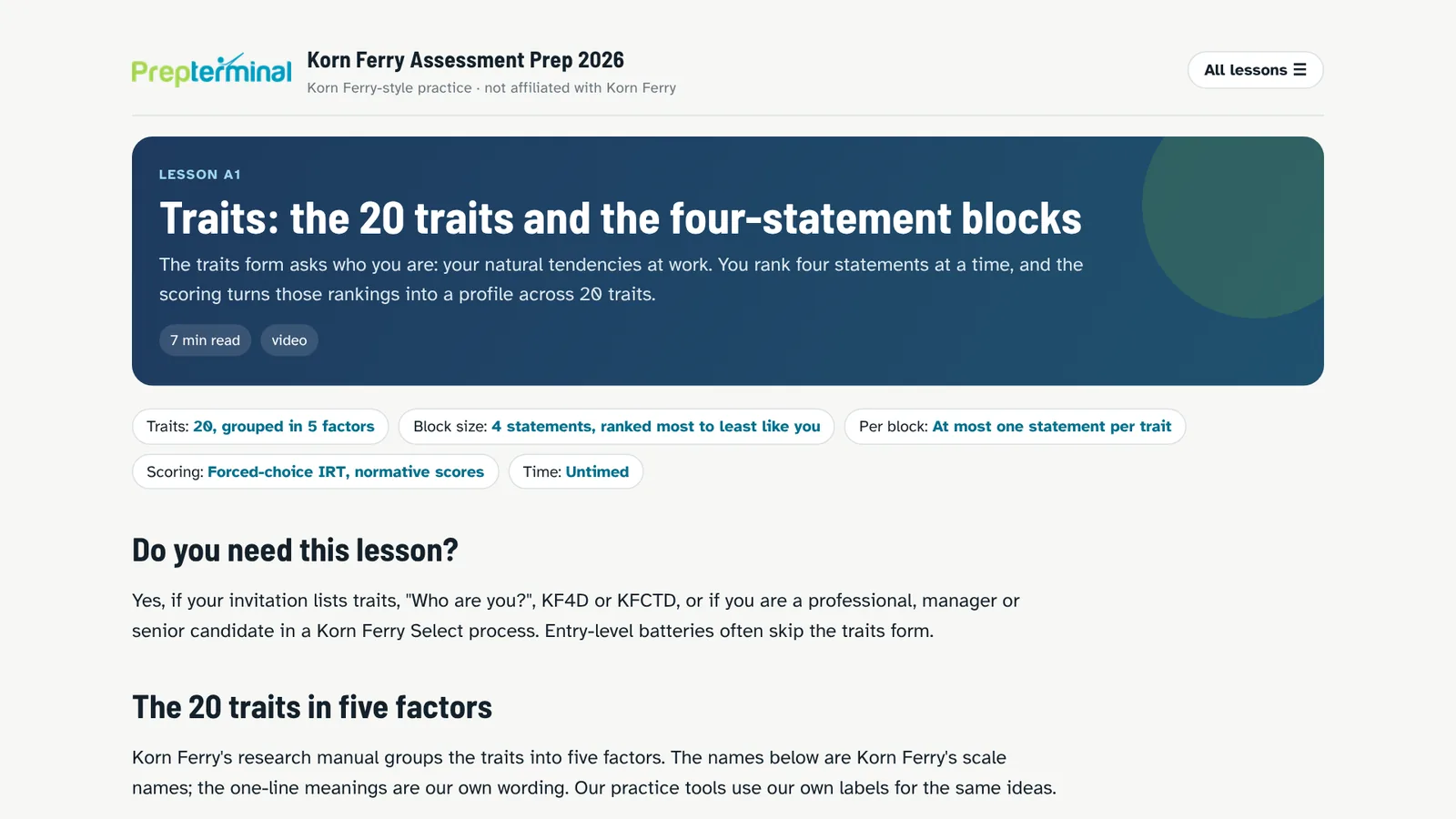 Lesson A1 of Korn Ferry Assessment Prep 2026: the 20 traits and the four-statement blocks