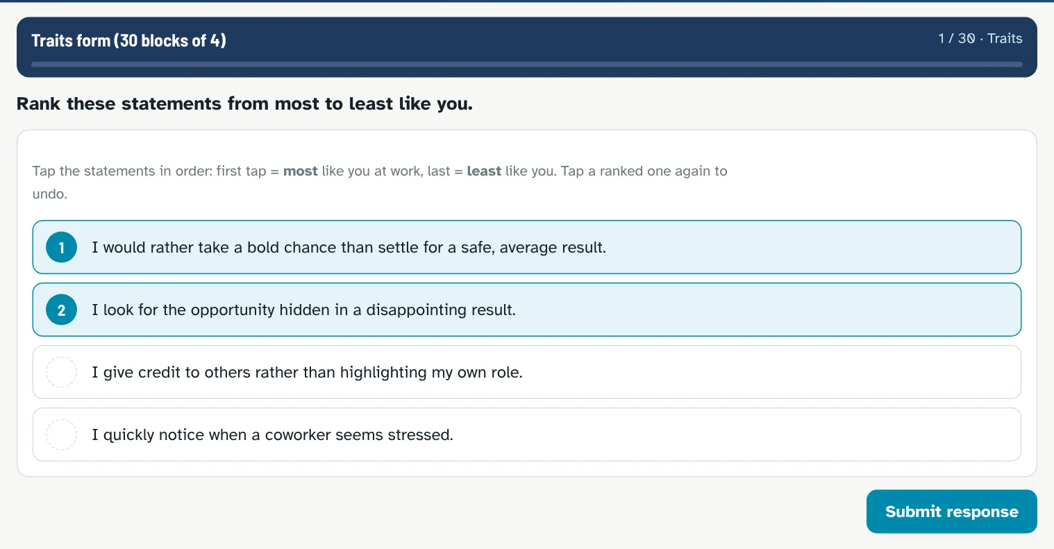 KF4D-style traits form in the course: four statements ranked from most like you to least like you, two already placed