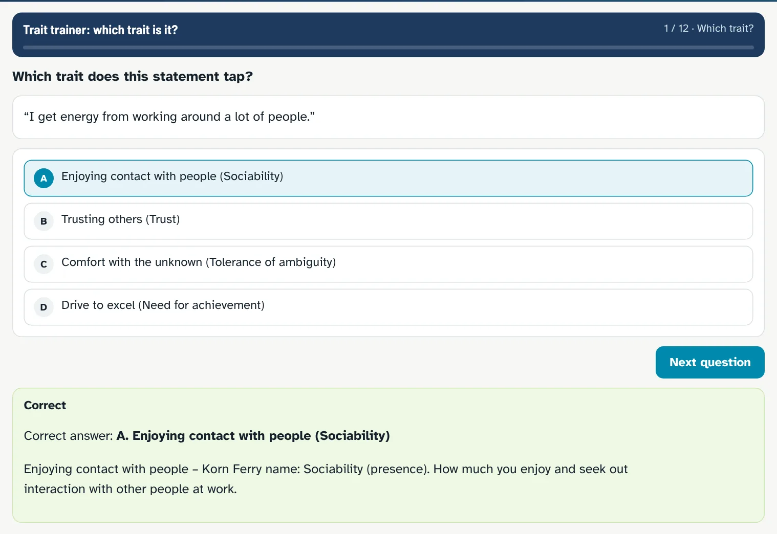 Trait trainer in the course: which trait does a statement tap, with the Korn Ferry trait name after the answer