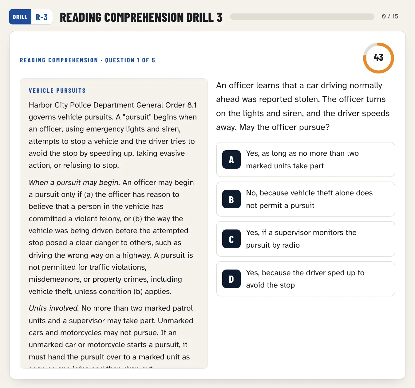 Reading comprehension drill: a police passage stays on screen next to the question