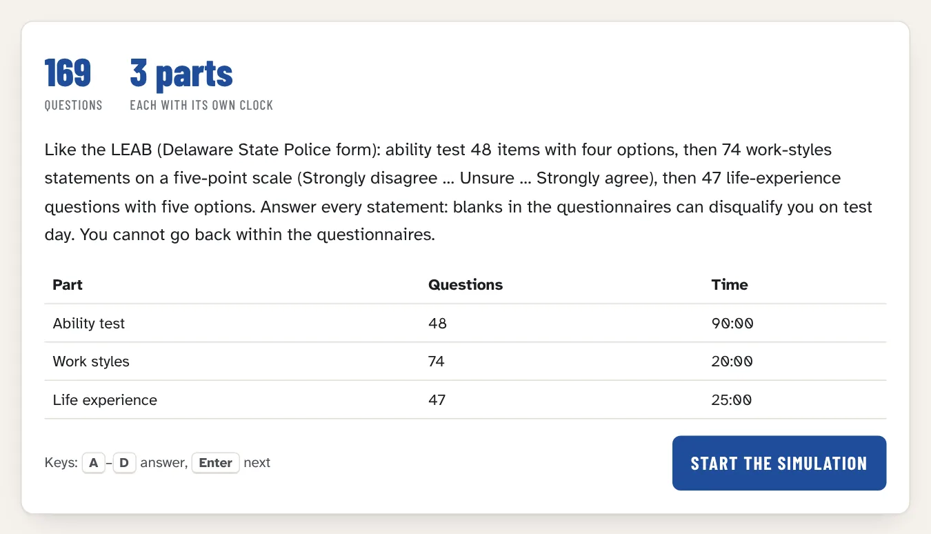 Start screen of LEAB simulation 2, Delaware State Police form: ability test 48 items, work styles 74 statements, life experience 47 questions, each part with its own time