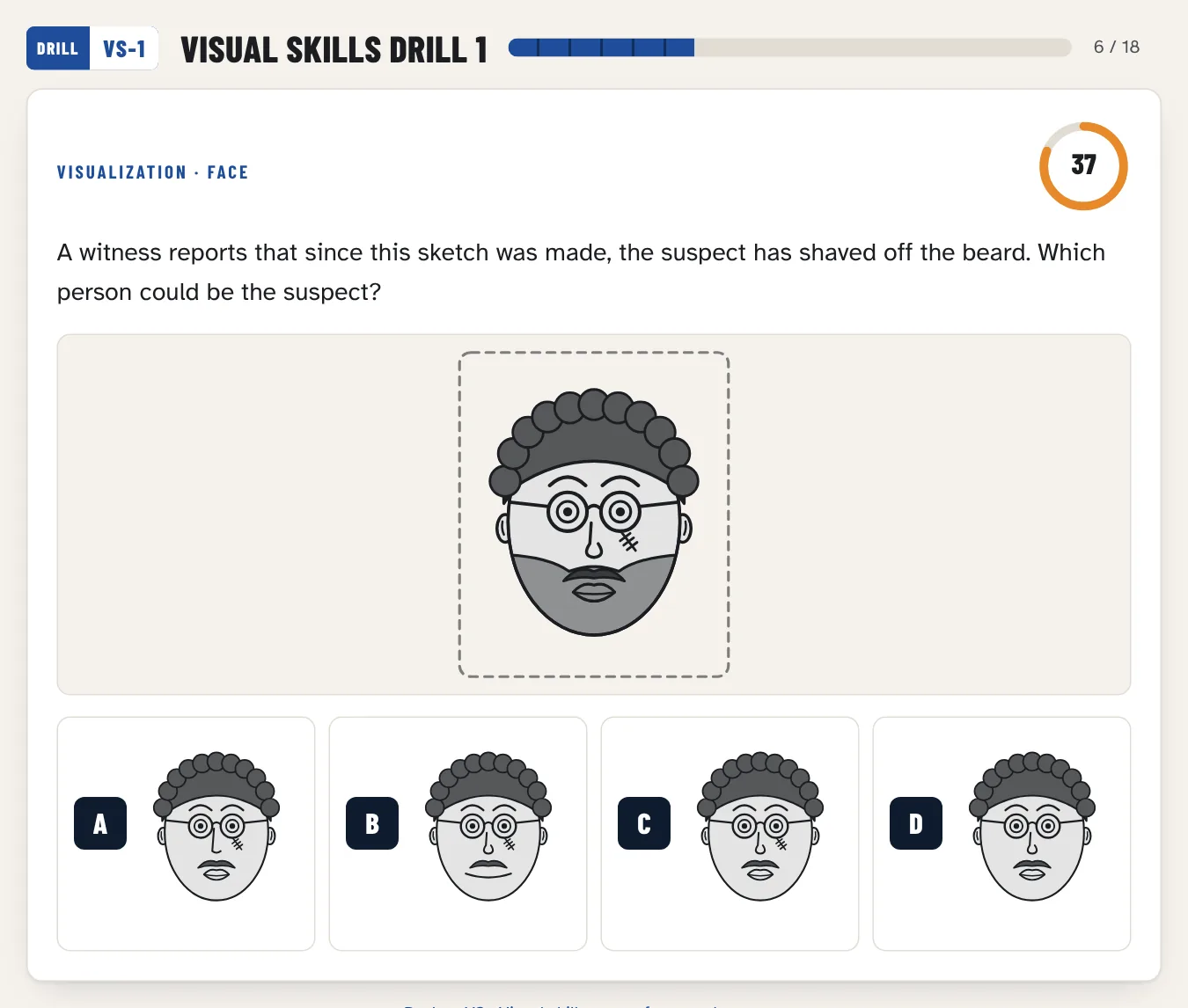 Visual skills drill: a headshot and four faces after a change in hair or beard, with the question clock running