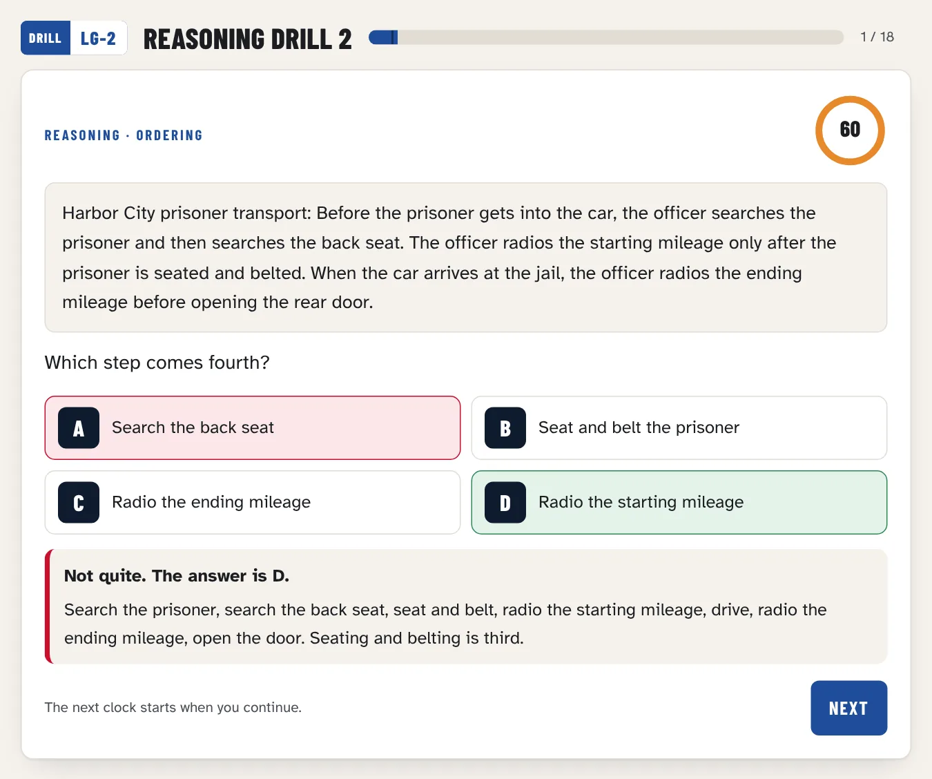 Reasoning drill: a timeline out of order with the answer and the explanation shown