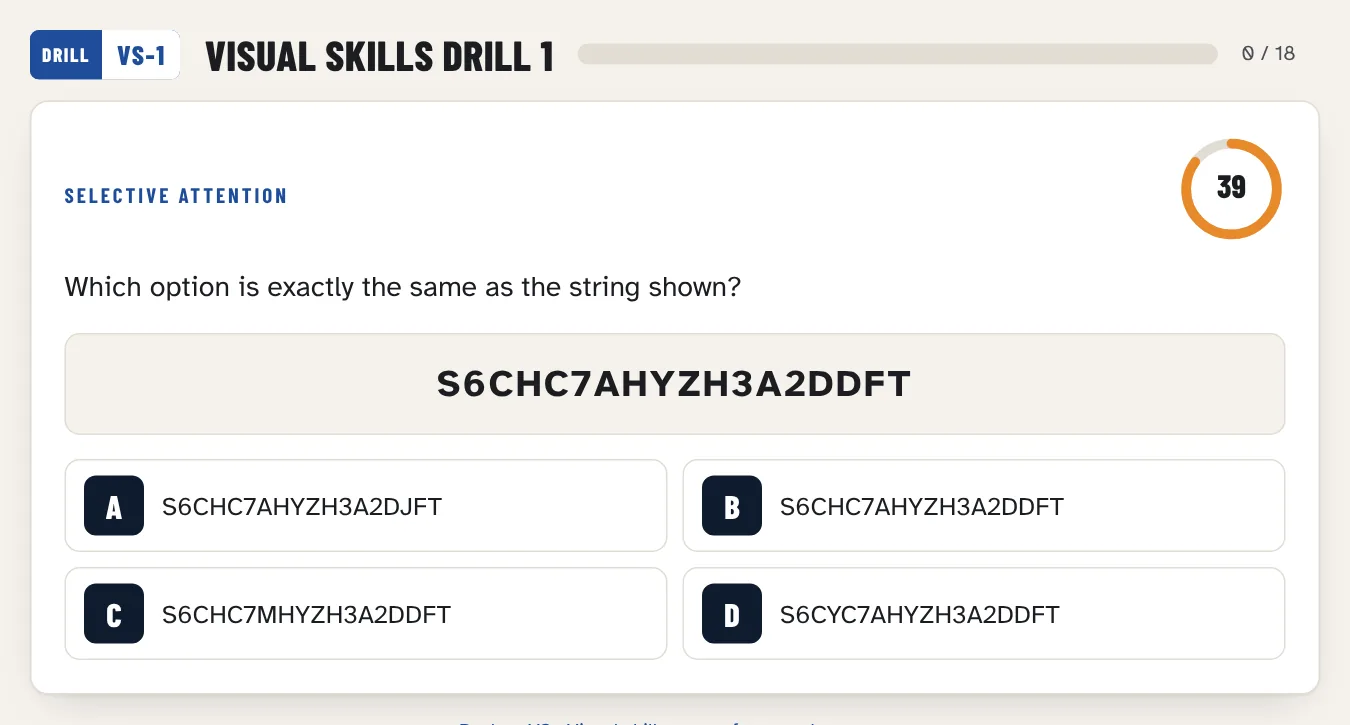 Visual skills drill: a target character string and four look-alike options
