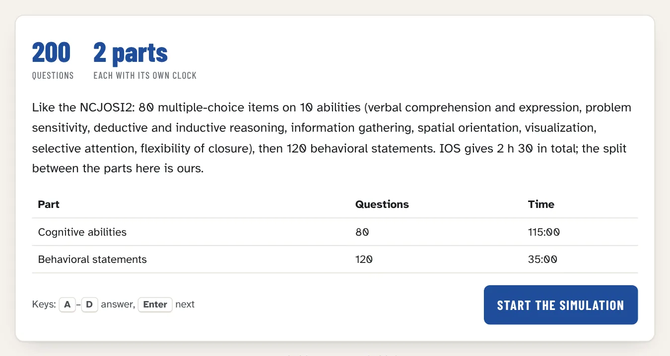 Start screen of NCJOSI2 simulation 1: cognitive abilities 80 items, behavioral statements 120, 2 hours 30 minutes in total