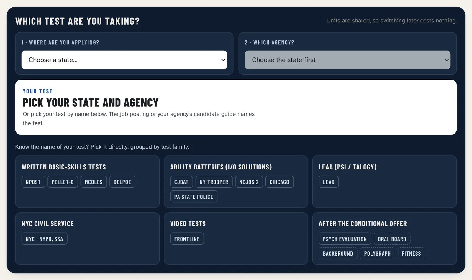 Course start page: Which test are you taking? Pick your state and agency, or pick your test by name, grouped by test family (13 paths)