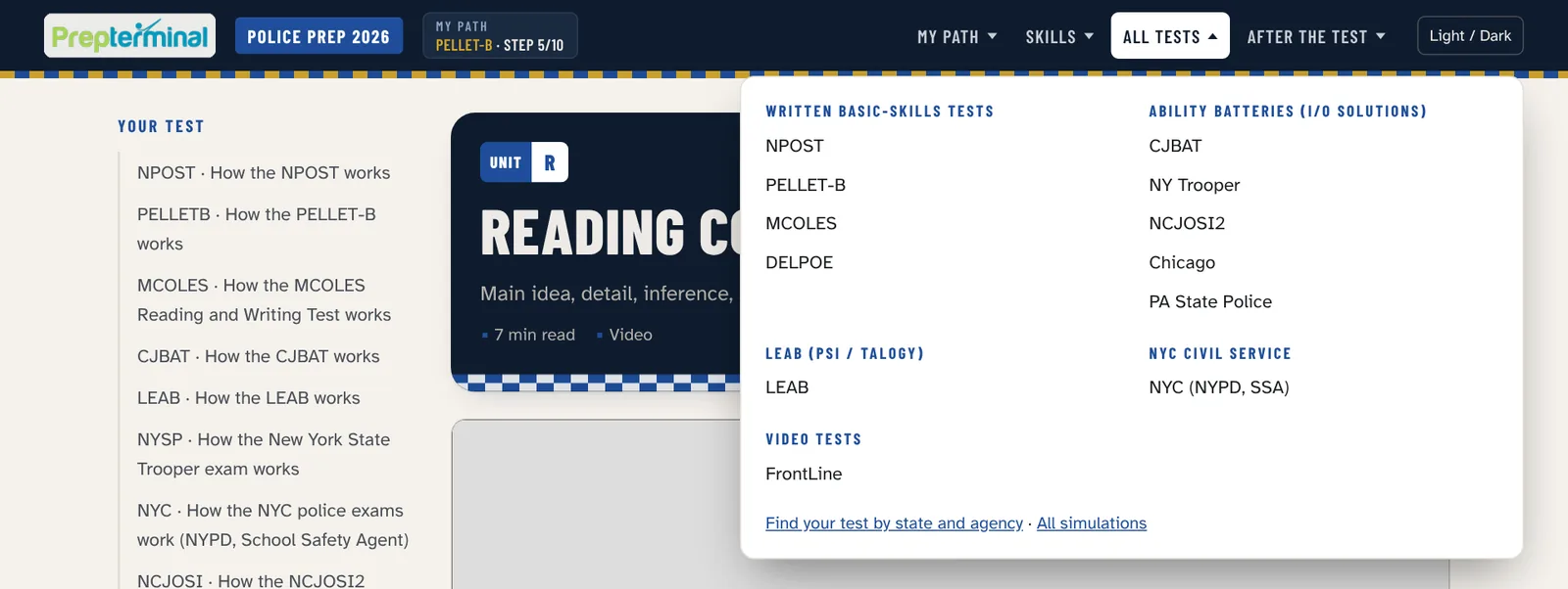 Course header with the All tests menu open: written basic-skills tests, ability batteries, LEAB, NYC civil service and video tests