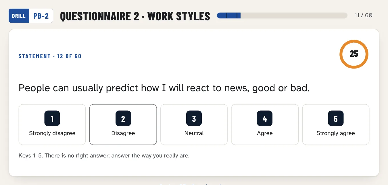 Practice questionnaire: a work-styles statement on a five-point agreement scale