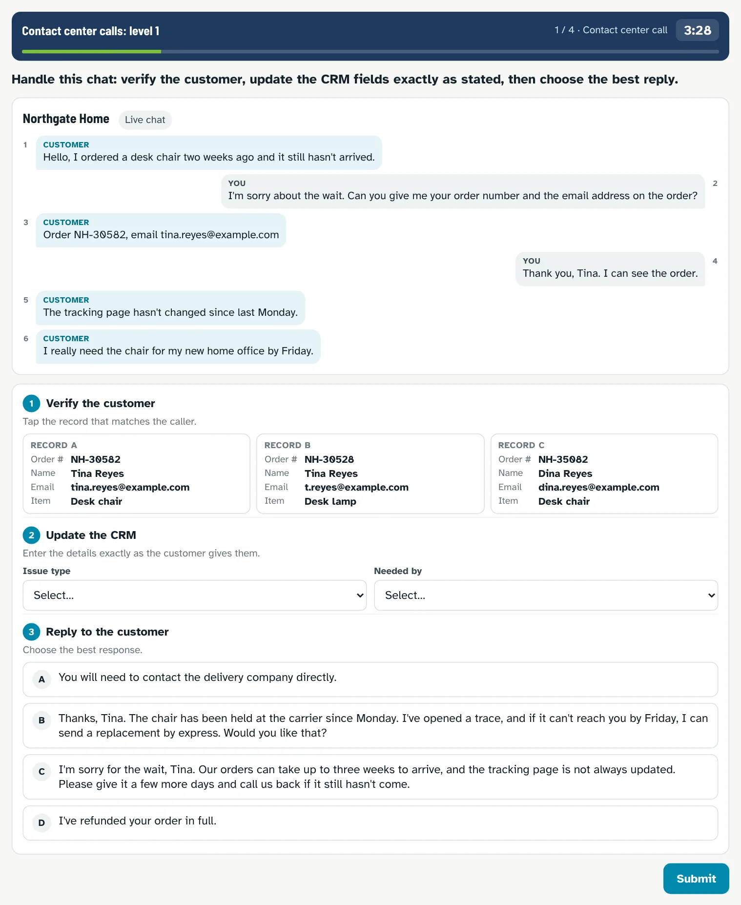 Contact center call drill: a customer chat, verify the record, update the CRM fields and choose the best reply