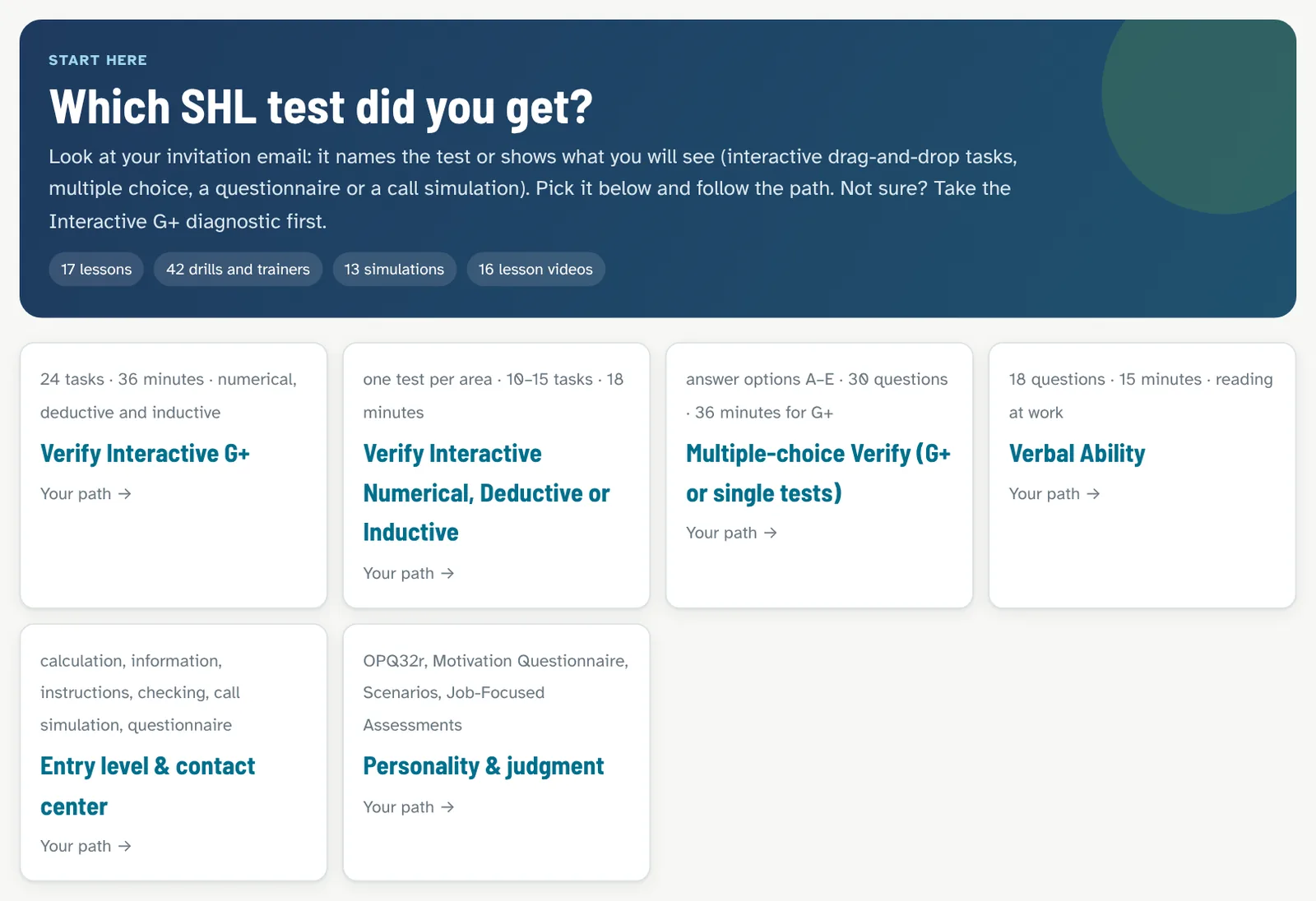 Course start page of SHL Assessment Prep 2026: Which SHL test did you get? Six paths, from Verify Interactive G+ to personality and judgment