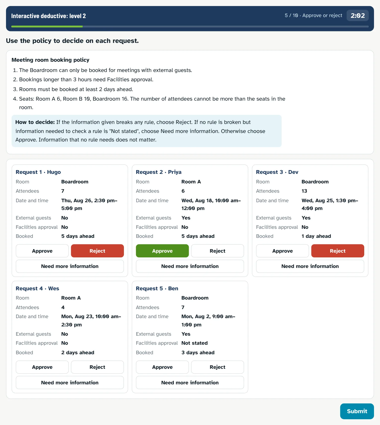 Interactive deductive drill: approve, reject or ask for more information on five room booking requests under a written policy