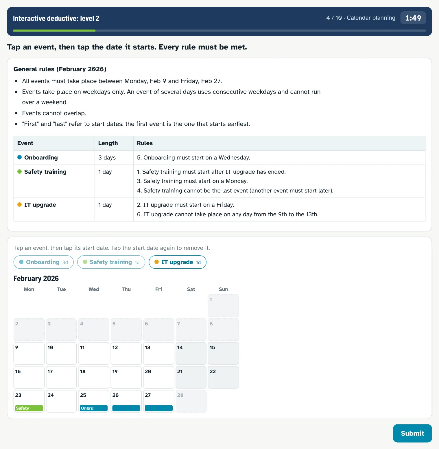 Interactive deductive drill, calendar planning: put three events on a February calendar so that six rules hold