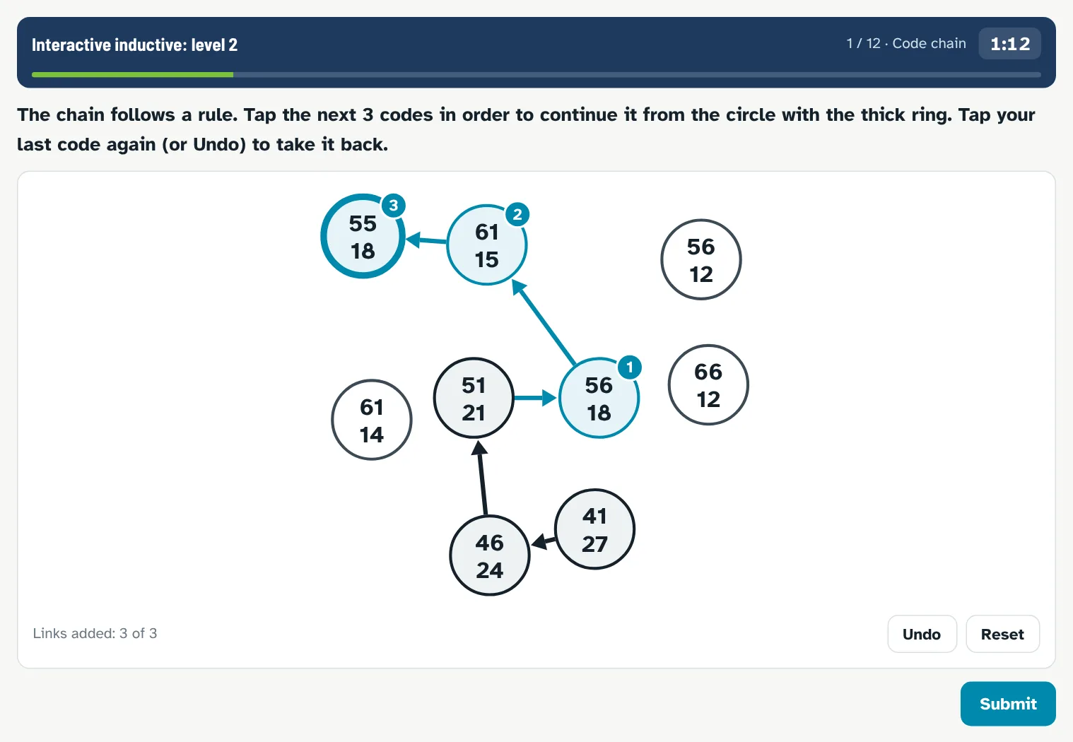 Interactive inductive drill, code chain: tap the next three codes that continue the rule