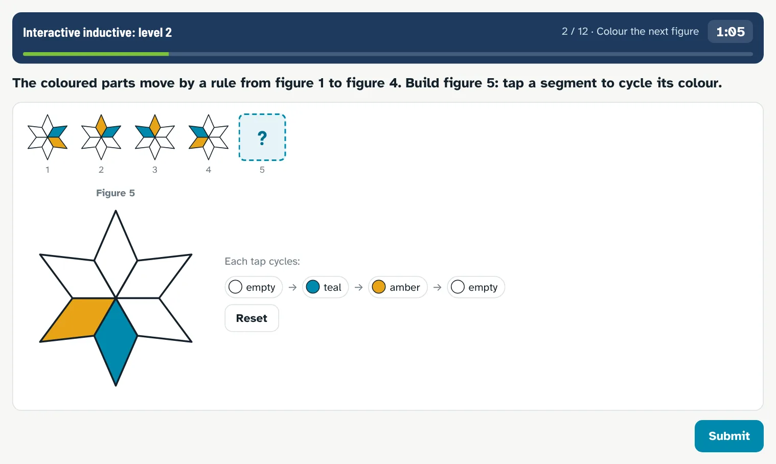 Interactive inductive drill: colored parts move by a rule from figure 1 to 4; build figure 5 by tapping segments