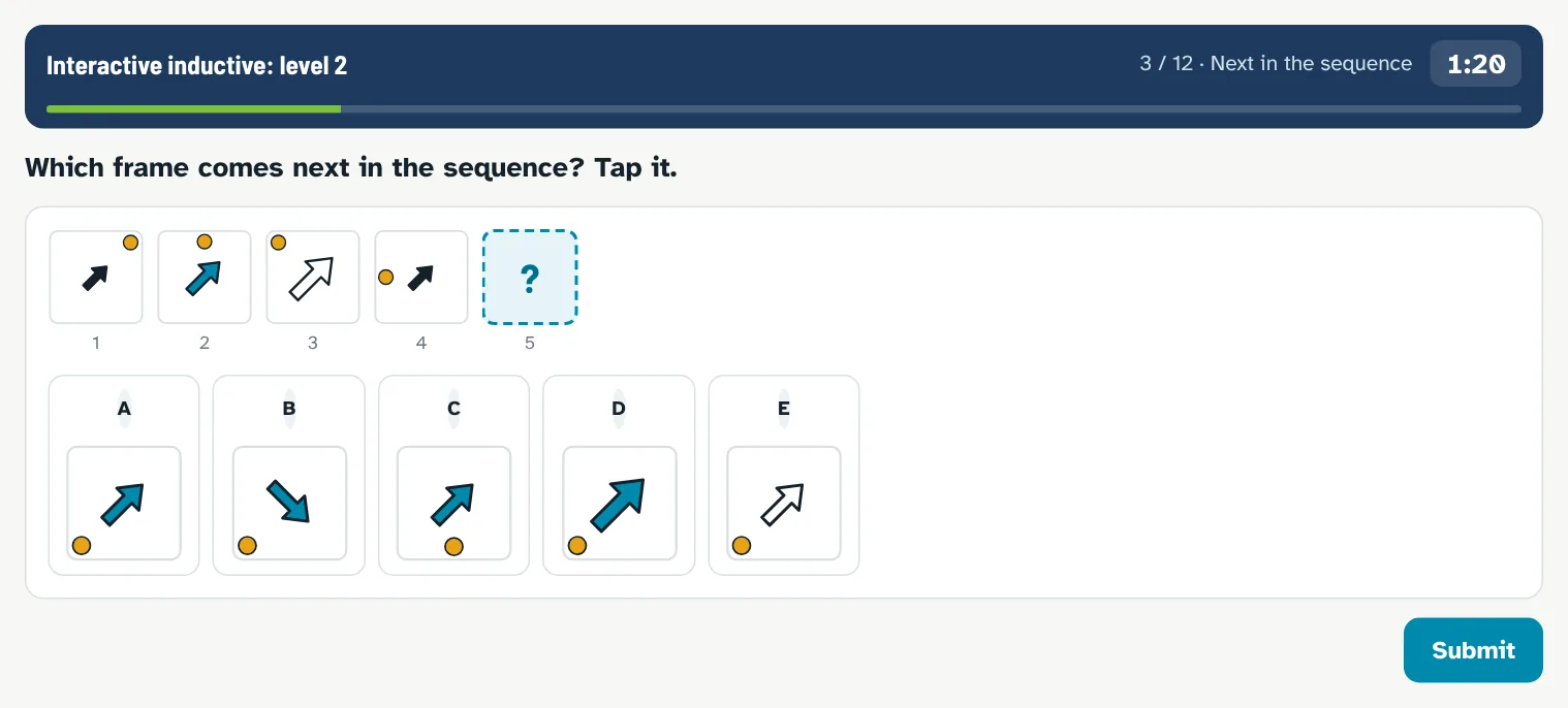 Interactive inductive drill: which frame comes next in the sequence of arrows and dots