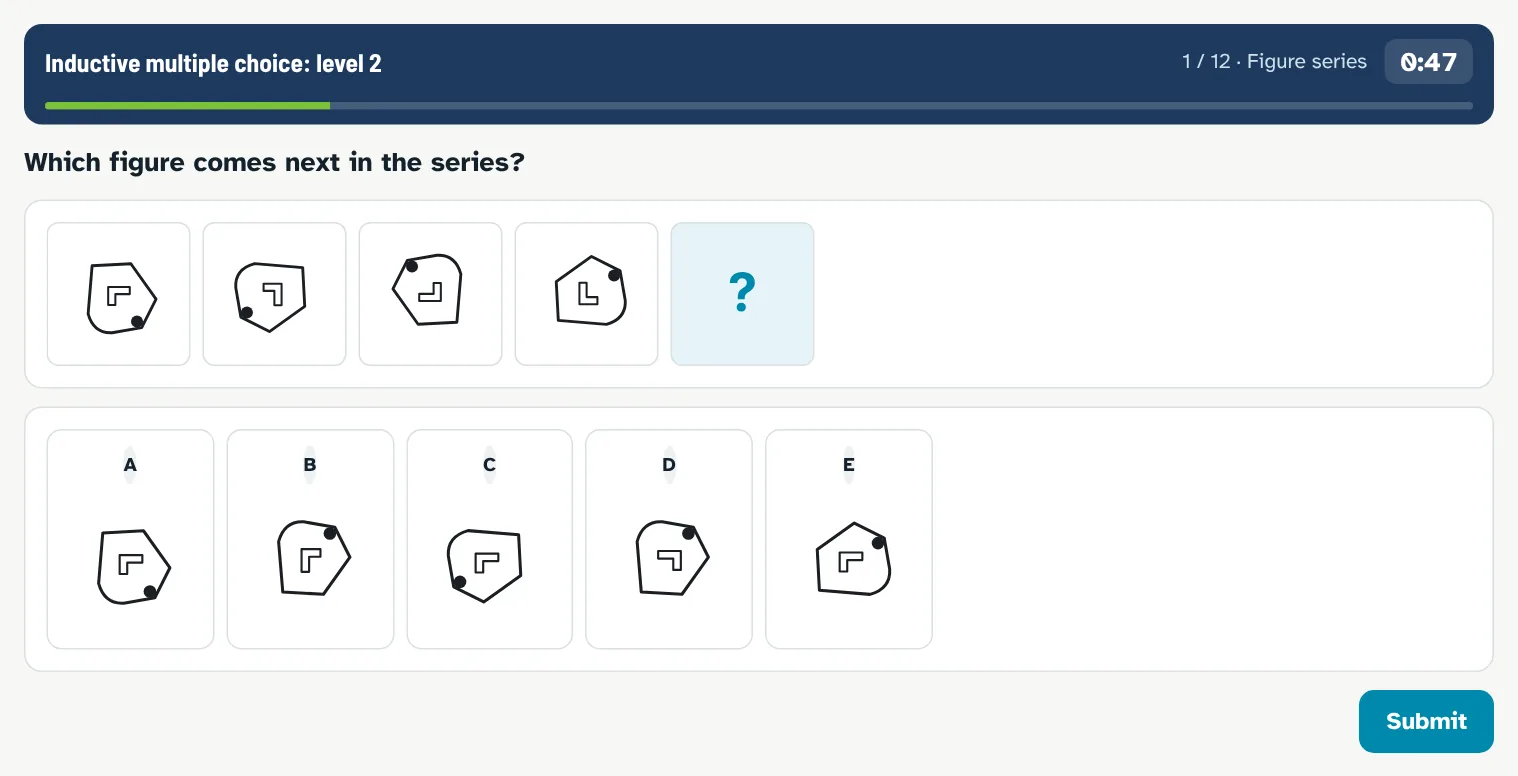 Multiple-choice inductive drill, figure series: which figure comes next, options A to E