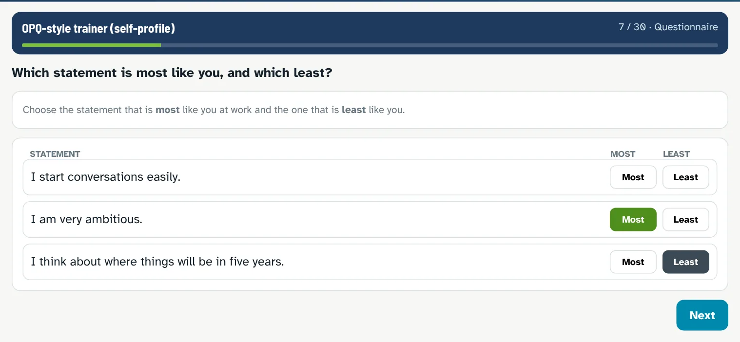 OPQ-style trainer in the course: a block of three statements, pick the one most like you and the one least like you