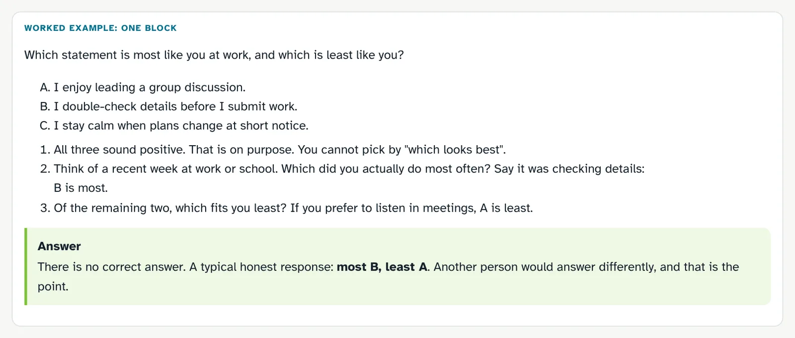Worked example in lesson OPQ: one block of three positive statements and a typical honest response, most B, least A