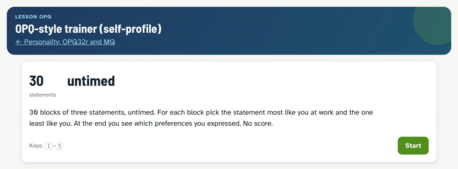 Start screen of the OPQ-style trainer in the course: 30 blocks of three statements, untimed, a self-profile at the end and no score