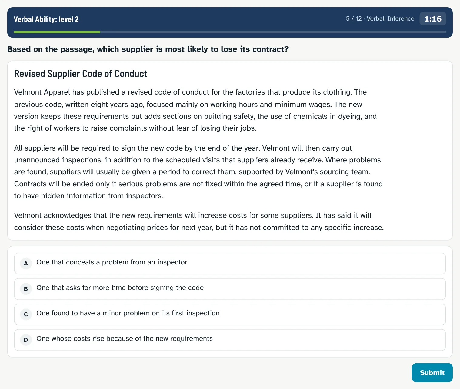 Verbal Ability drill: a workplace passage about a supplier code of conduct and an inference question with four options
