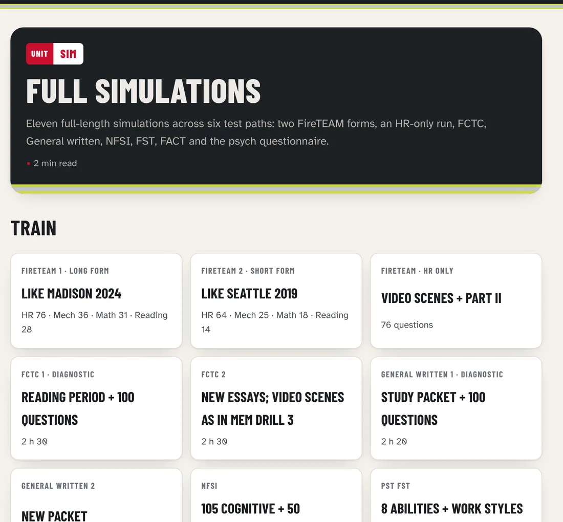 Course simulations page with the simulation cards